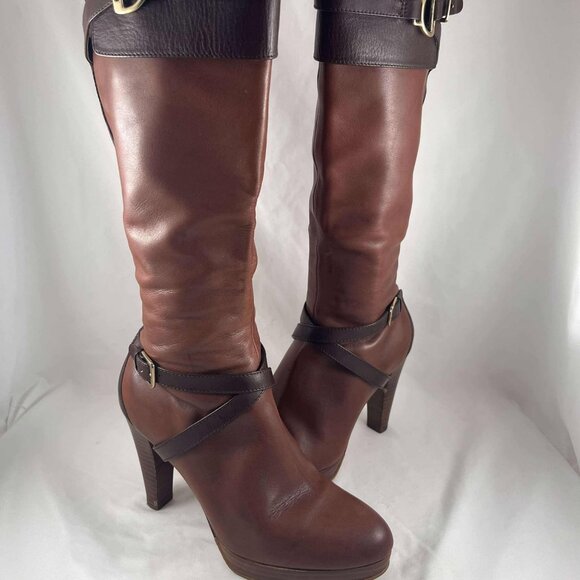 Cole Haan Women's N_ke Air Boots Knee Tall w/ Zip 2-Tone Brown Leather High Heel - Picture 1 of 7